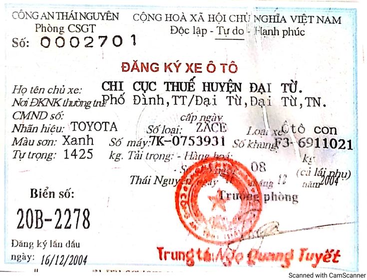 Lô 1: 01 xe ô tô hiệu Toyota Zace GL 1.8, BKS: 20B-2278 - Cục Thuế tỉnh Thái Nguyên